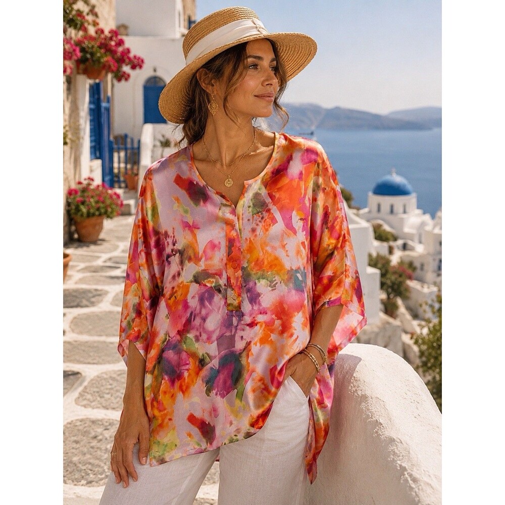 Lafayette 148 Silk Tunic Size Large 100% Silk Oversized Floral Blouse $899 Shirt